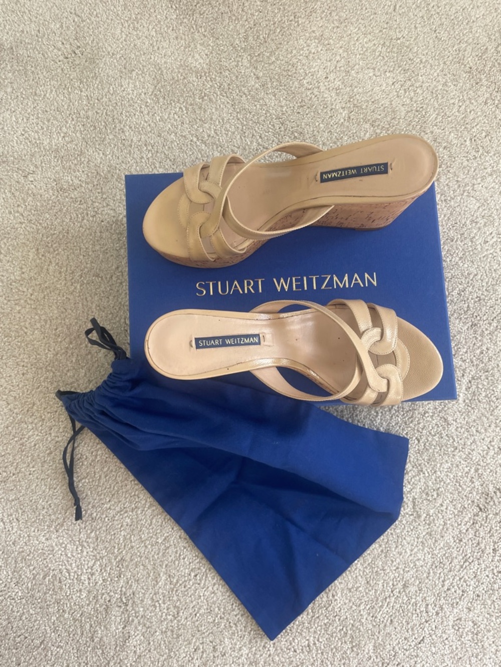 Stuart Weitzman Tan Braided Cork Wedge Sandals